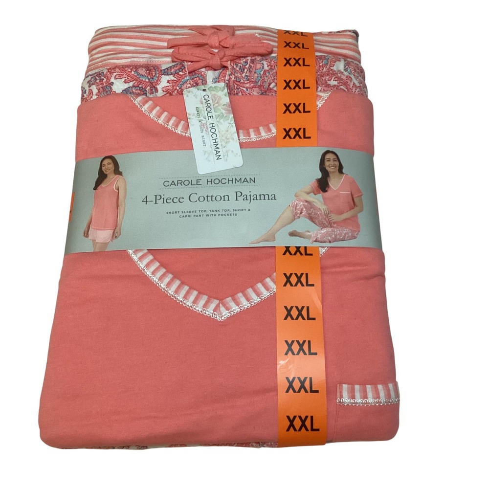 Carole Hochman Women XXL 4-Piece Cotton Pajama Set Pink Paisley Capri Shorts NEW
